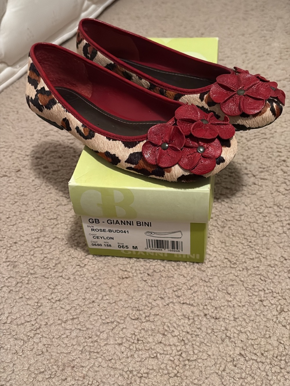 Gianni Bini Leopard Print Ballet Flats with Red Floral Appliqués